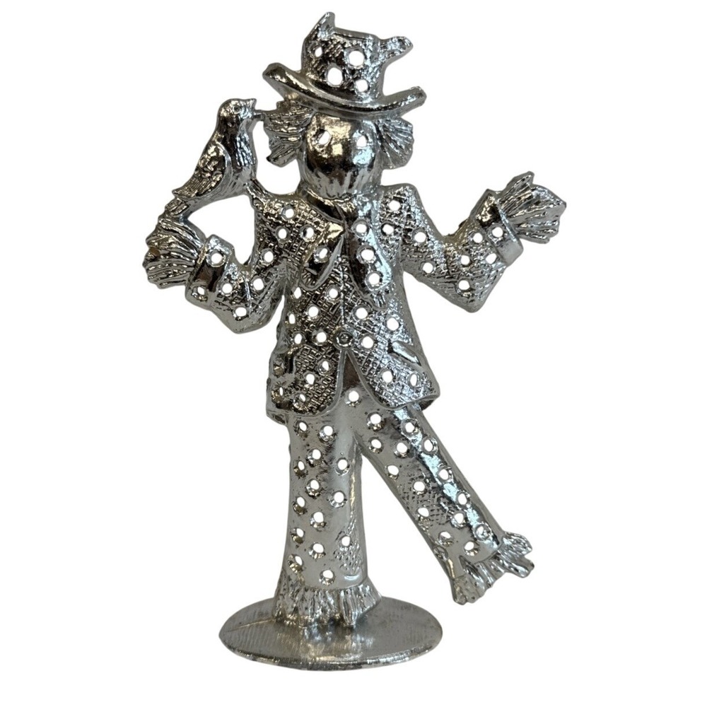 Torino Silver Tone Scarecrow Figurine Crow‎ Perched on Arm Decorative Metal 4"
